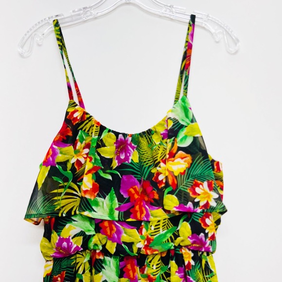 BONGO | Tropical Hawaiian Floral Chiffon Mini Sundress Black Pink Size L - Picture 2 of 11